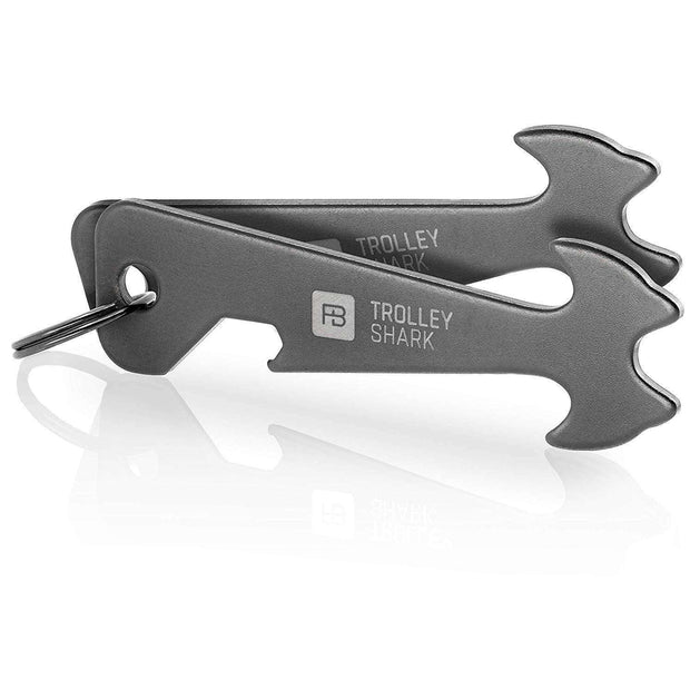 “Trolley Shark” (black) shopping cart remover with stainless steel bottle opener