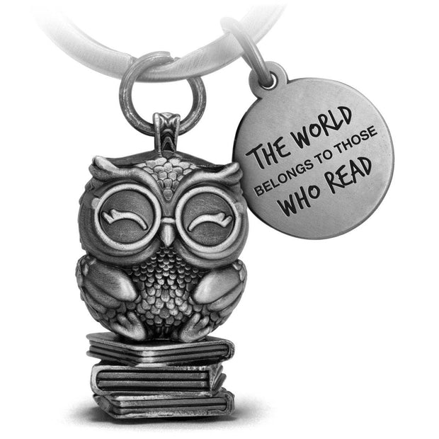 “The World Belongs to Those Who Read” Bookowl Book Owl Keychain with Engraving - Sweet Owl Lucky Charm