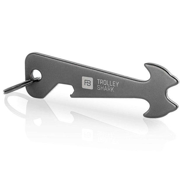 “Trolley Shark” (black) shopping cart remover with stainless steel bottle opener