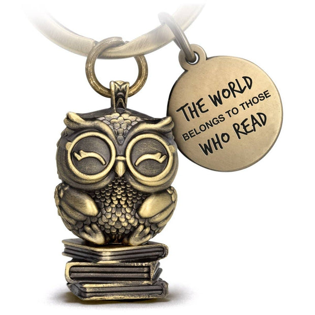 “The World Belongs to Those Who Read” Bookowl Book Owl Keychain with Engraving - Sweet Owl Lucky Charm