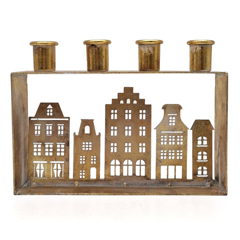 Metal candle holder houses gold 21 cm