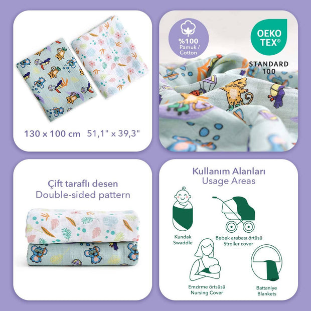 Milk&Moo Muslin Blanket Set of 2 Jungle Friends: Multicolored